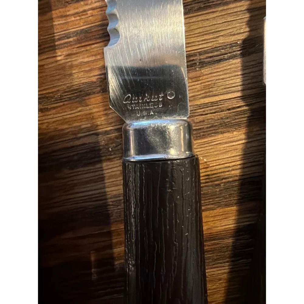 Vintage Quikut Stainless Steel Steak Knives Set of 3 Brown Faux Wood USA Made